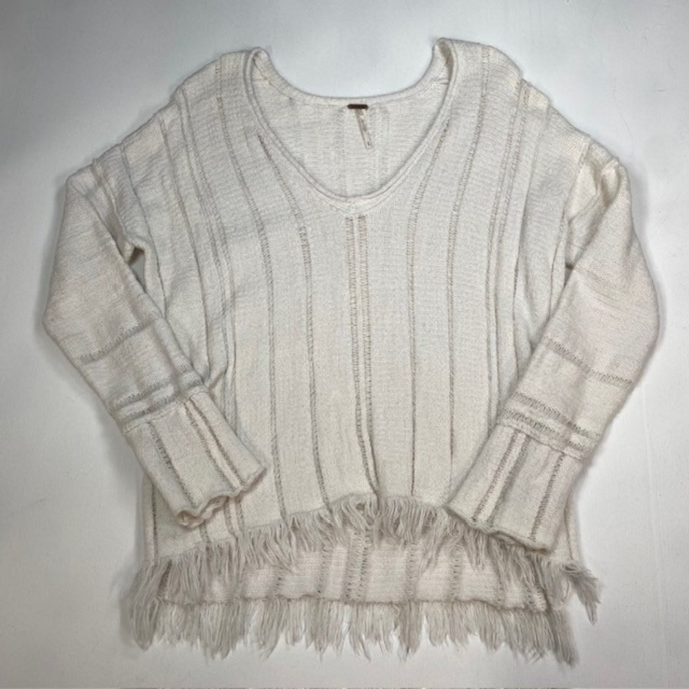 Free People Ocean Drive Pullover Sweater Ivory V-Neck Fringe Hem OB902420 Medium